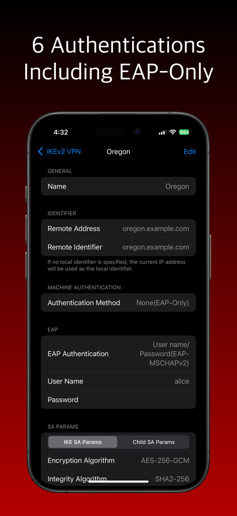 IKEv2 VPN 앱 인터페이스에서 고급 EAP 전용 인증 및 암호화 설정 표시