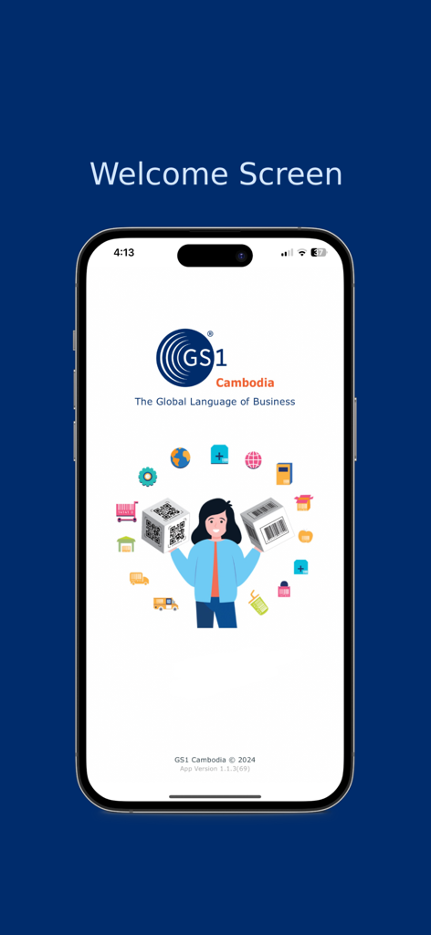 GS1 Cambodia – Product Verify - Tela de boas-vindas do aplicativo GS1 Camboja Product Verify com ilustração de escaneamento de código de barras