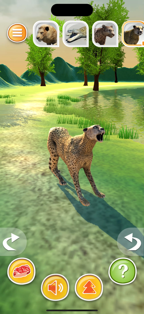 Animal Simulator 3D-Predetors - A 3D cheetah standing in a grassy field next to a lake in the Animal Simulator game.