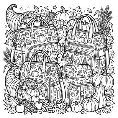 Get into the holiday spirit with our delightful Thanksgiving diaper bags coloring page. This intricate design blends practical baby essentials with the abundant beauty of the autumn harvest, offering a unique coloring experience.