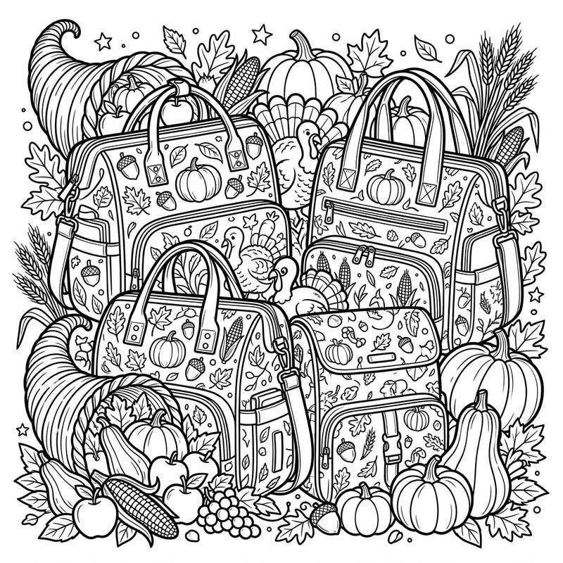 Get into the holiday spirit with our delightful Thanksgiving diaper bags coloring page. This intricate design blends practical baby essentials with the abundant beauty of the autumn harvest, offering a unique coloring experience.