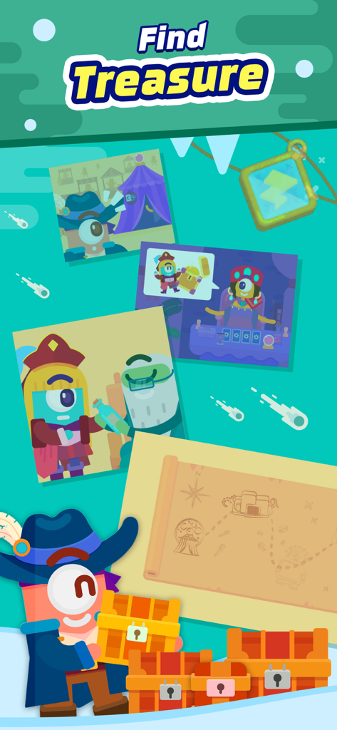 Multiplication Flash Cards App - Cartoon character holding a treasure chest in a math adventure game screen