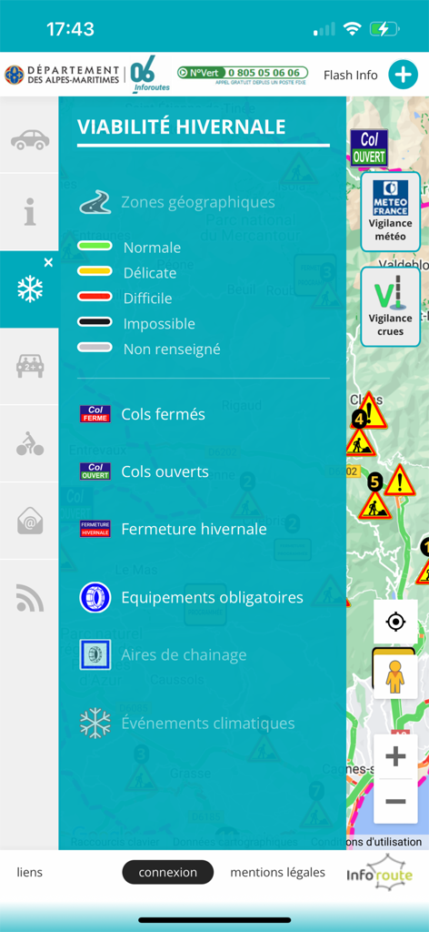 Inforoutes 06 - Inforoutes 06 app screen showing winter road status and mountain pass closures in the French Alps