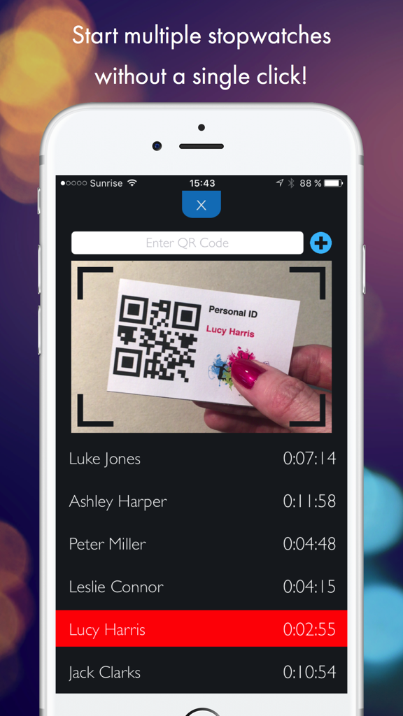 Mobile app interface for QR Stopwatch showing a camera scanning a QR code personal ID card and a list of recorded times for various participants.
