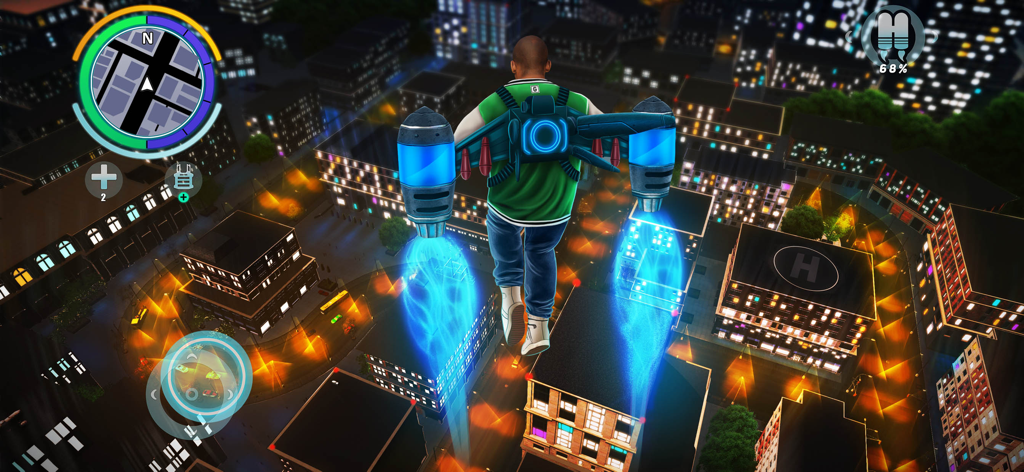 Crime Auto - 크라임 오토에서 밤에 로스앤젤레스 상공을 제트팩으로 비행하는 캐릭터.