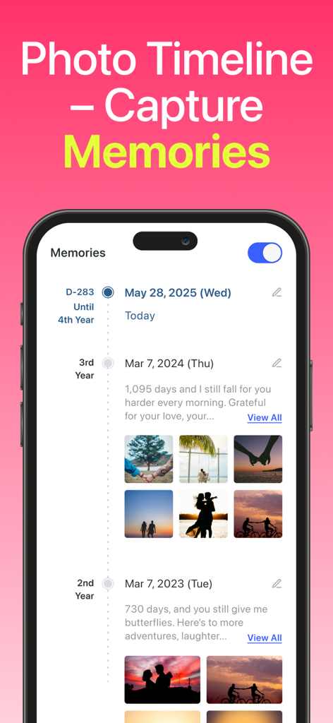 Countdown - Widget & Timer - Una interfaz de aplicación móvil que muestra una línea de tiempo vertical de fotos y recuerdos de aniversario