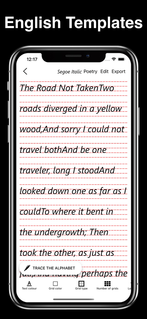 Schermata di pratica di scrittura corsiva nell'app Calligraphy Master con la poesia "The Road Not Taken" di Robert Frost su sfondo a griglia.