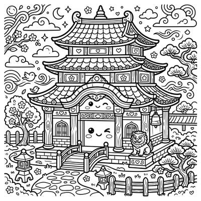 Bring this delightful Kawaii temple to life with a splash of color! This charming design, perfect for young artists, features friendly faces and intricate details just waiting for your creative touch.