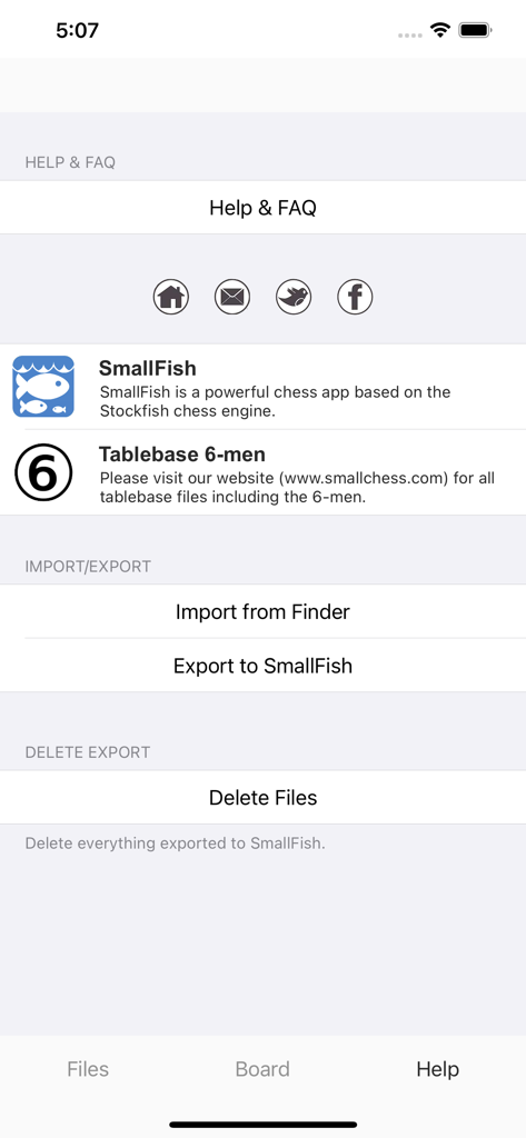 Chess Tablebase for Stockfish - Help and FAQ screen of the Chess Tablebase for Stockfish app showing options to import files and export to SmallFish.