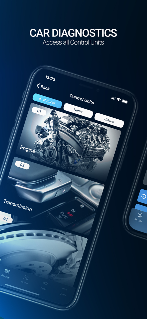 OBDeleven app interface displaying engine and transmission control units for car diagnostics