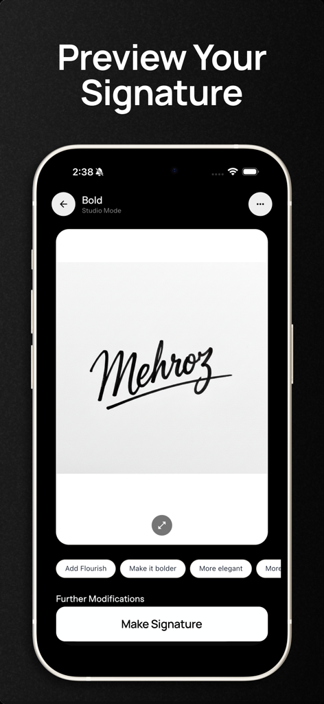 Signature Maker - SignIt AI - Interface of SignIt AI app showing a preview of a stylized bold signature for the name Mehroz