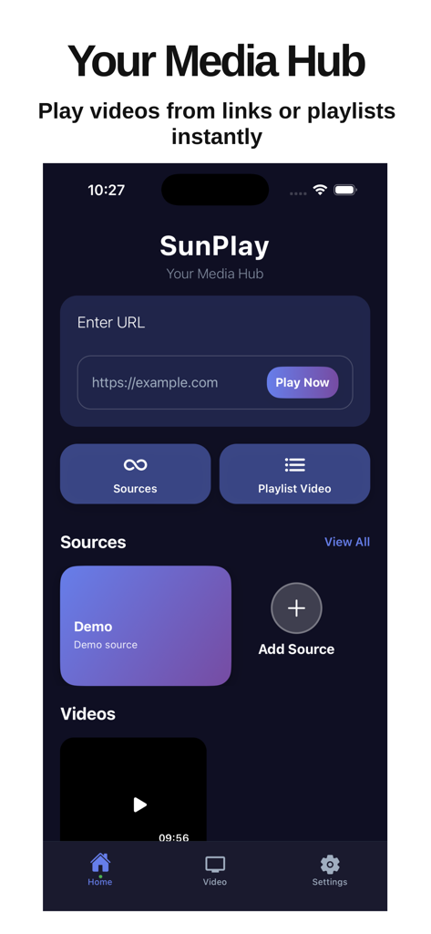 Écran d'accueil de l'application SunPlay présentant le hub multimédia avec des options pour lire des vidéos à partir d'URL et gérer des playlists.