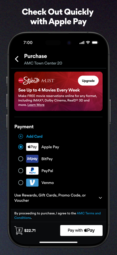 AMC Theatres App-Zahlungsbildschirm zeigt Apple Pay und andere digitale Wallet-Optionen für Kinokarten