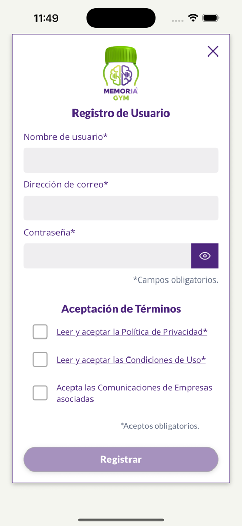 MemorIA GYM - User registration screen for the MemorIA GYM app featuring fields for username email and password