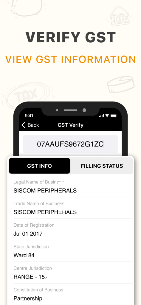 Screenshot der Citizen Calculator App, der das GST-Verifizierungstool mit detaillierten Geschäftsinformationen einschließlich Registrierungsdatum und offiziellem Namen zeigt.