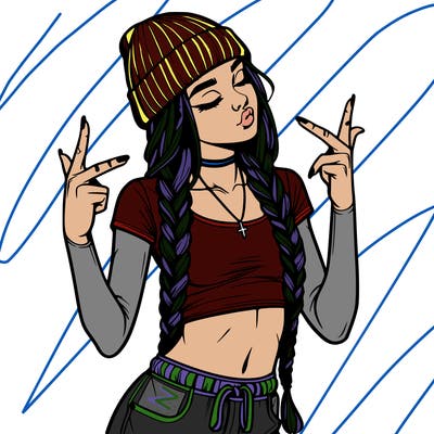 realistic teenage girl with braids and a beanie and crop top doing 🫶🏼