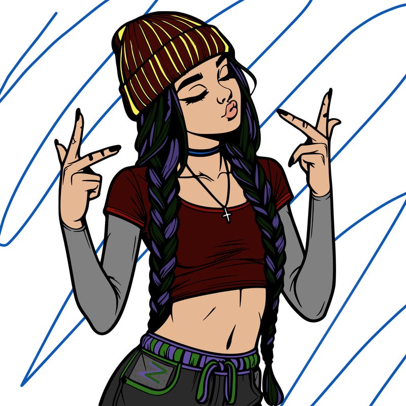 realistic teenage girl with braids and a beanie and crop top doing 🫶🏼