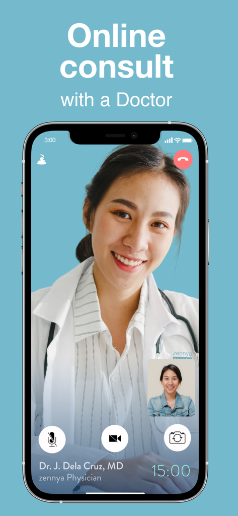 Zennya health app screen displaying an online video consultation between a patient and a female doctor