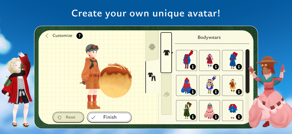 Avatar customization interface in Virtual EXPO 2025 JAPAN showing various outfit options and character design tools.