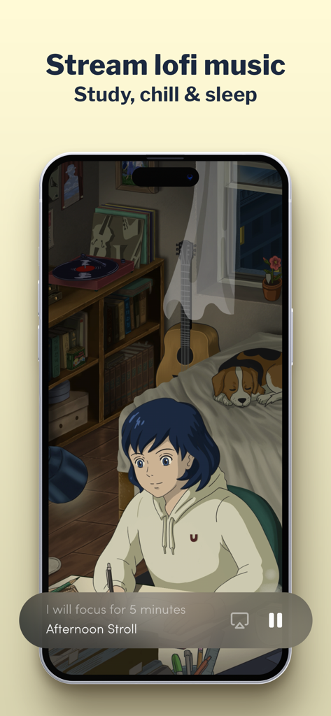 Lola: Stream Lofi Music - Une illustration cosy de style anime d'une fille étudiant dans sa chambre tout en écoutant de la musique lofi sur l'application Lola