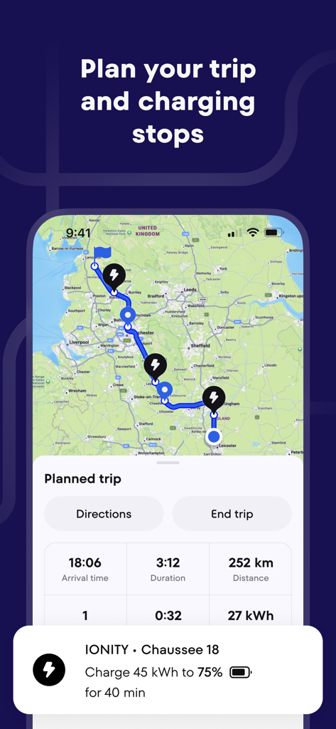 Plugsurfing app interface showing an electric vehicle route planner with charging stops on a map