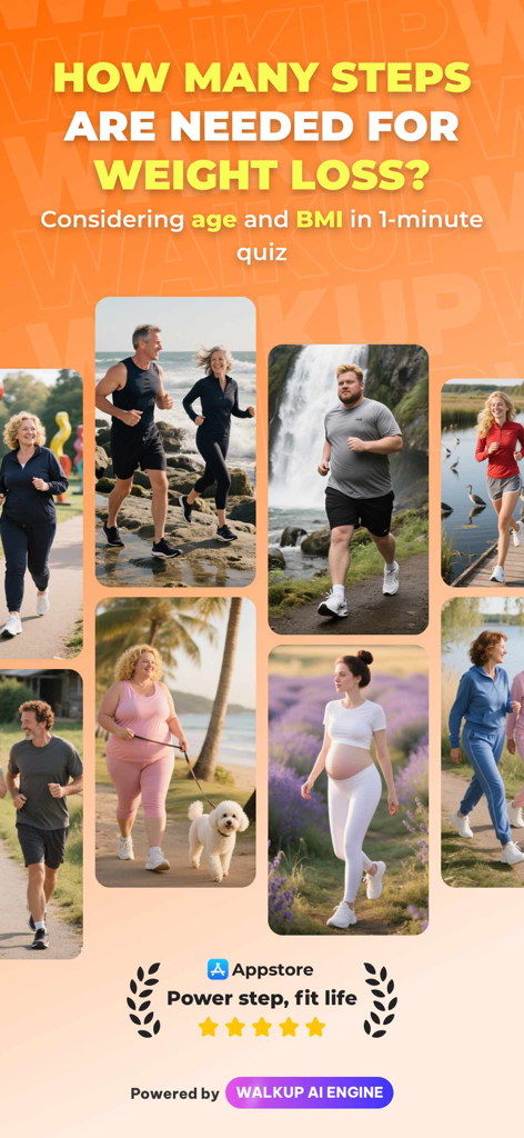 Un collage de diversas personas caminando y trotando al aire libre con un titular sobre un cuestionario de pérdida de peso de 1 minuto basado en la edad y el IMC.