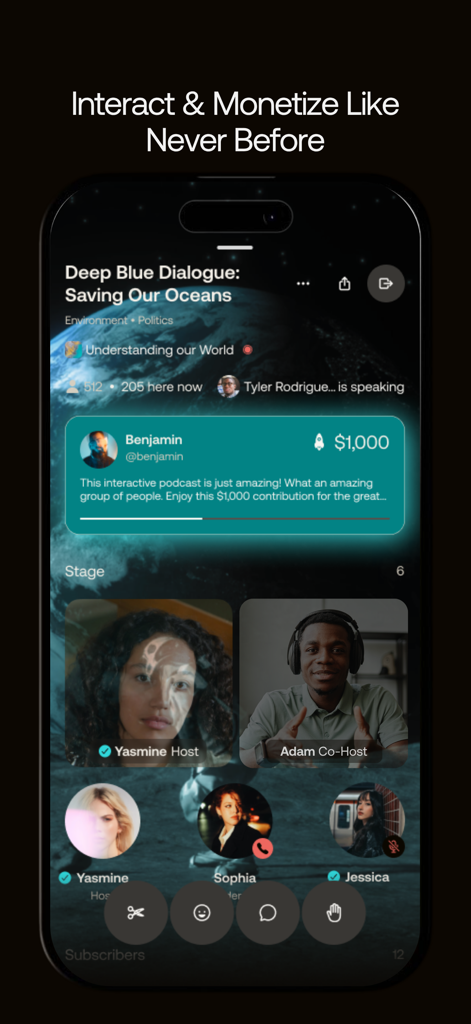 Chatter Social app showing a live interactive podcast with a monetization message