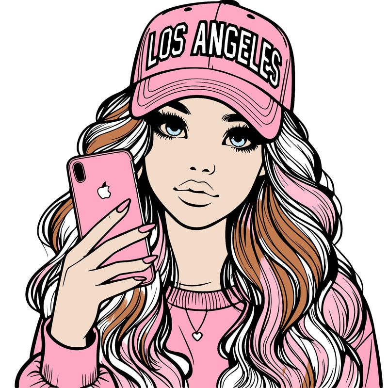 realistic beautiful girl wearing los ángeles cap holding an iphone