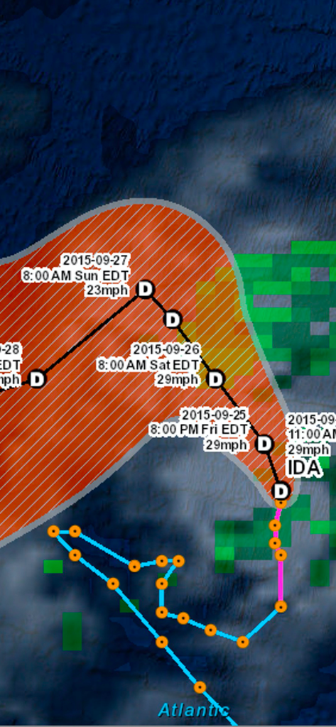 OBX Hurricane Tracker - Map showing the projected path and wind speeds of Tropical Storm Ida.