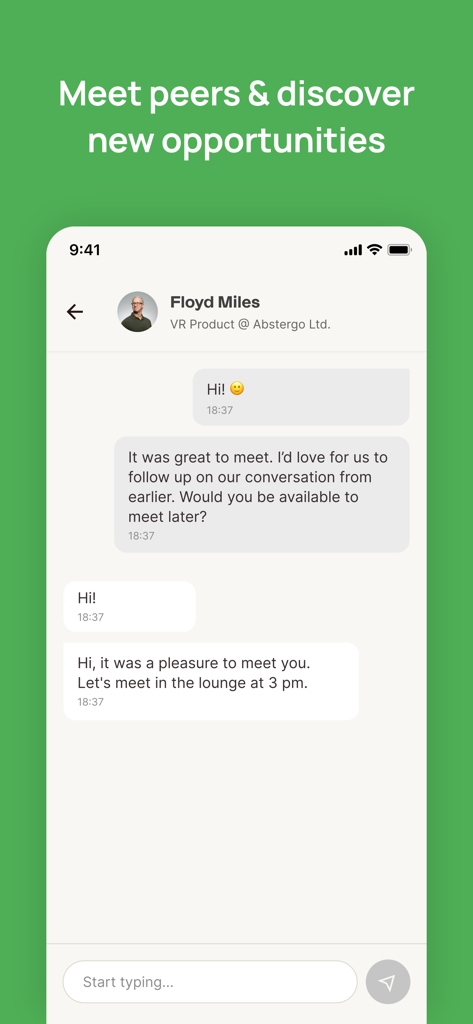 Fintech Americas Miami! - Screenshot of the Fintech Americas Miami app showing a chat between two professionals to coordinate a meeting during the conference.