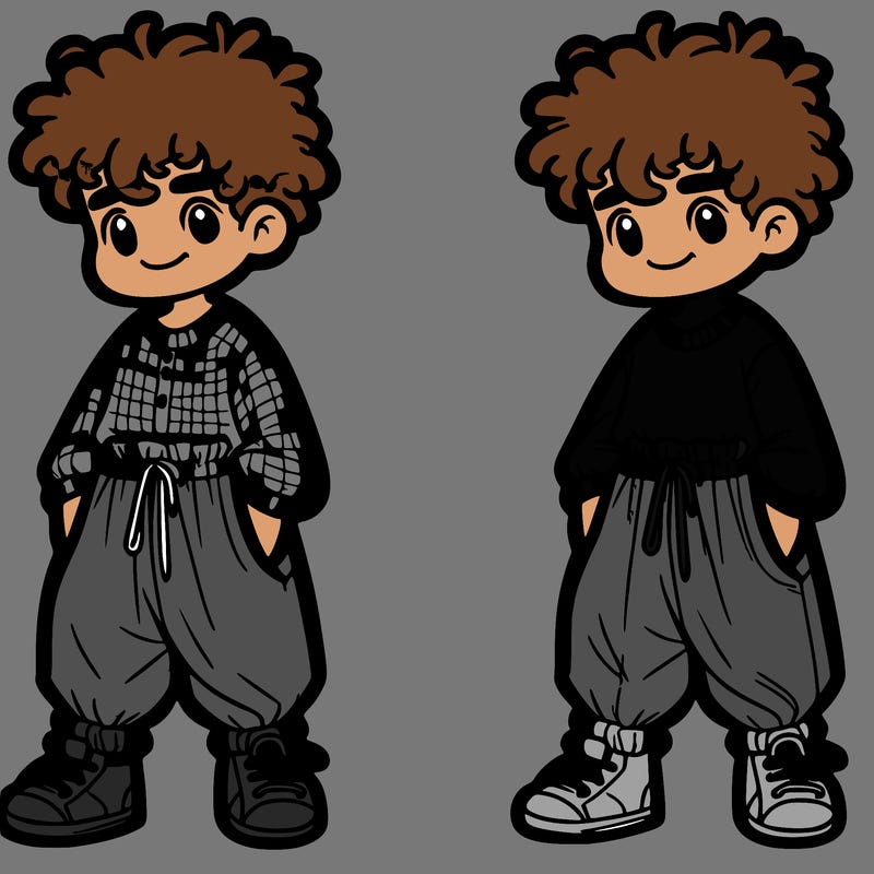 boy in baggy pants with curly hair and a baggy shirt