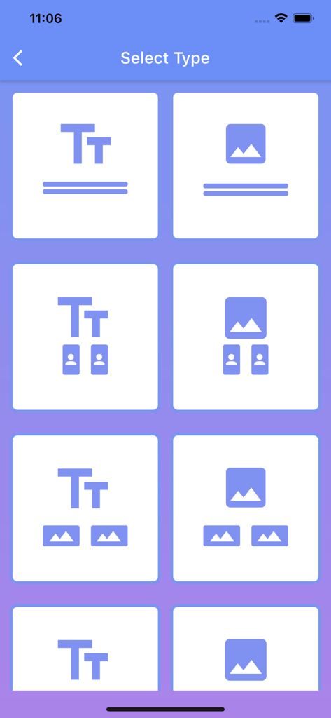 Select Type screen in the Quick Poll App displaying various poll templates using text and image icons.