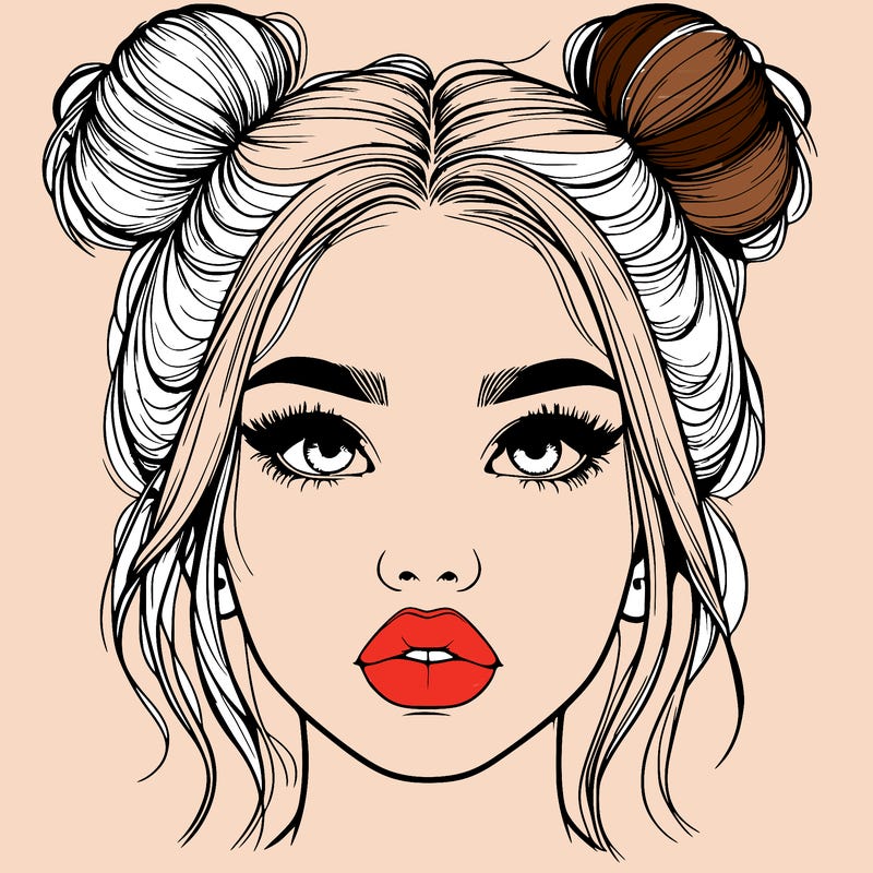realistic girl with two buns on her hair and lips