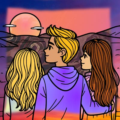 a girl with her boyfriend and her best friend looking at the sunset