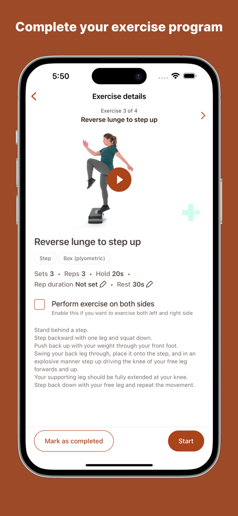 Virtual Lucy - Interfaz de la aplicación Virtual Lucy mostrando un ejercicio de rehabilitación guiado con instrucciones en video y detalles de las series