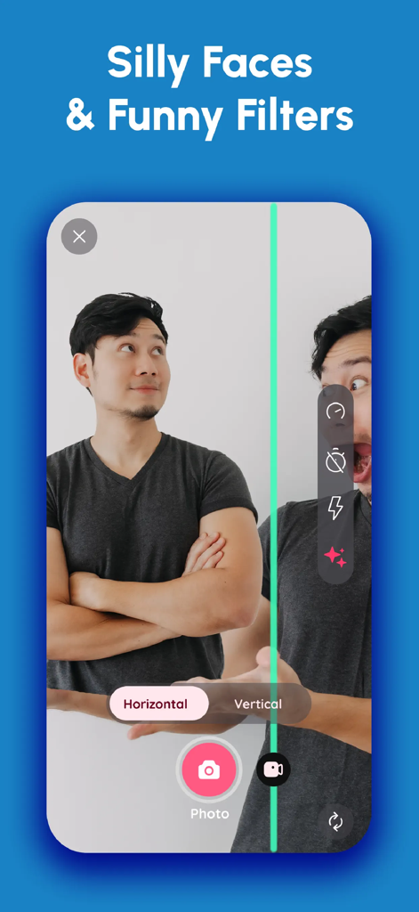 A man using the vertical scan line feature in the Time Warp Scan app to create a funny distorted face