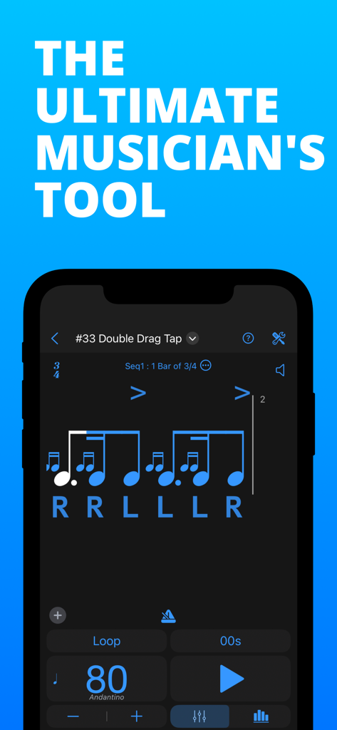 Interfaz de la aplicación PolyNome que muestra notación musical y digitación para rudimentos de batería