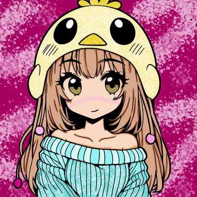 anime girl with chick shaped hat with sweater with bare shoulders with bangs covering them one eye with low tail