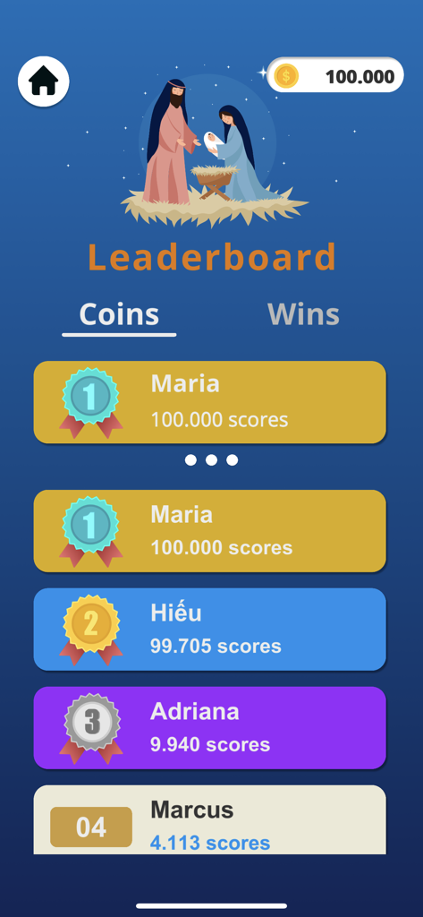 Bible Word Puzzle Games - Leaderboard screen of the Bible Word Puzzle app showing player rankings with scores and a nativity scene illustration.