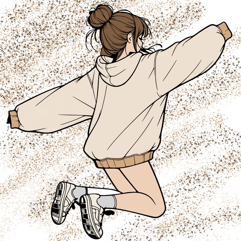 realistic girl jumping with a bun and oversized sweatshirt