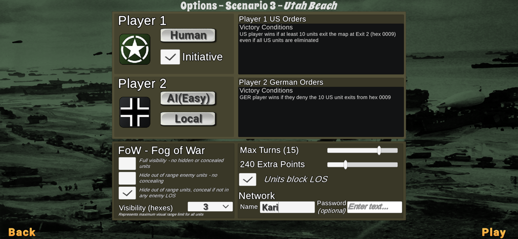 Skirmish 1944 - Scenario options menu for Utah Beach in Skirmish 1944 showing player settings victory conditions and fog of war configuration
