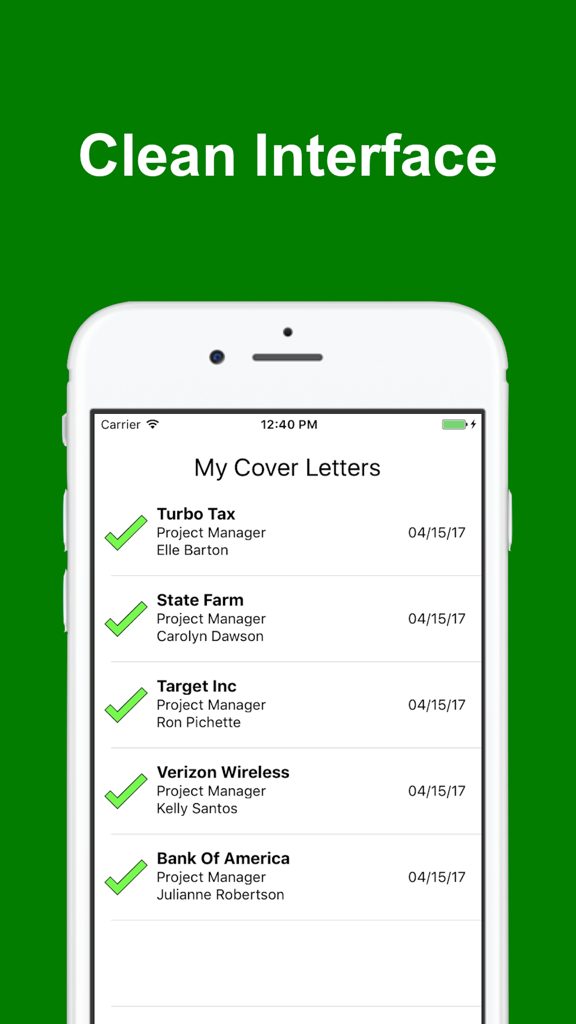 A clean mobile interface showing a list of saved cover letters for various companies in the Cover Letter plus app.
