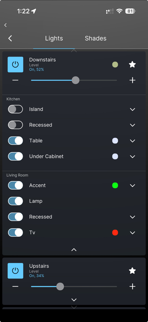 Nice Mobile Viewer - Nice Mobile Viewer lighting control interface showing smart home light switches and dimmers for different rooms