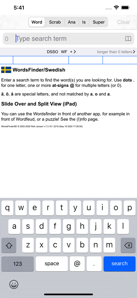 Svenska  Words Finder PRO - Search interface of the Svenska Words Finder PRO app with instructions for wildcard searches and Swedish special characters.