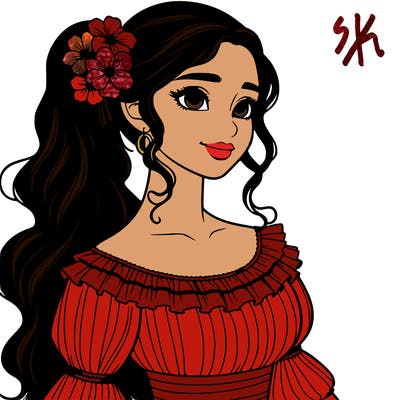 a single latina woman with a side ponytail and a long dress with ruffles. she has a few discreet flowers in her hair. realistic