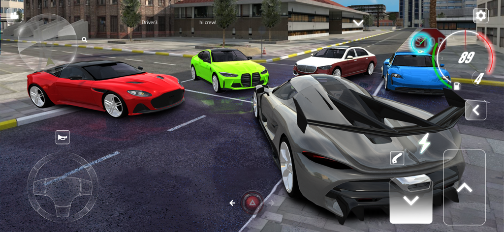 PetrolHead Extreme Car Driving - A group of diverse sports cars gathered at a city intersection in multiplayer free roam mode