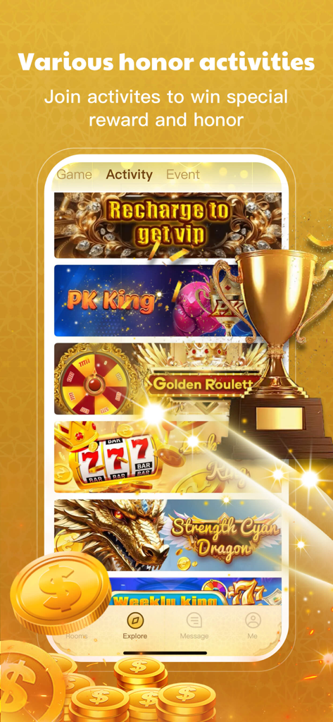 Mashi - Group Voice Live Chat - Interface of Mashi app showing various honor activities like PK King and Golden Roulette with reward trophies and coins