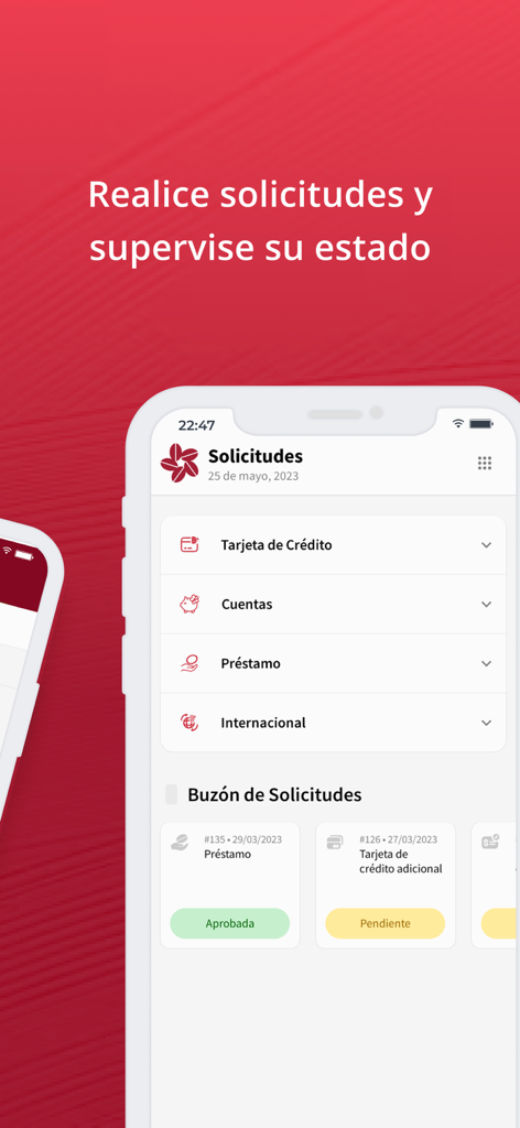 BANHCAFE Online - Pantalla de la aplicación BANHCAFE Online que muestra categorías de solicitud bancaria y seguimiento del estado de las solicitudes