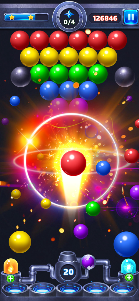 Bubble Shooter - Classic Pop - Gameplay screenshot of Bubble Shooter Classic Pop showing colorful bubbles and a glowing explosion effect