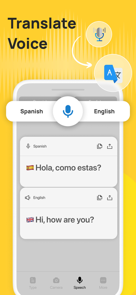 Oberfläche der mobilen App, die Echtzeit-Sprachübersetzung zwischen Spanisch und Englisch zeigt